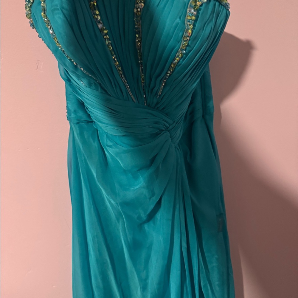 La Femme Strapless Turquoise Dress with Beaded Detail